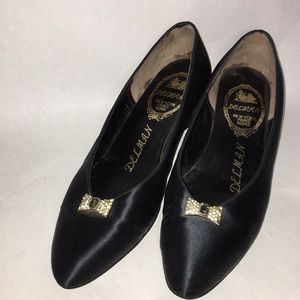 Vintage Black Satin Heels with Bow Detail